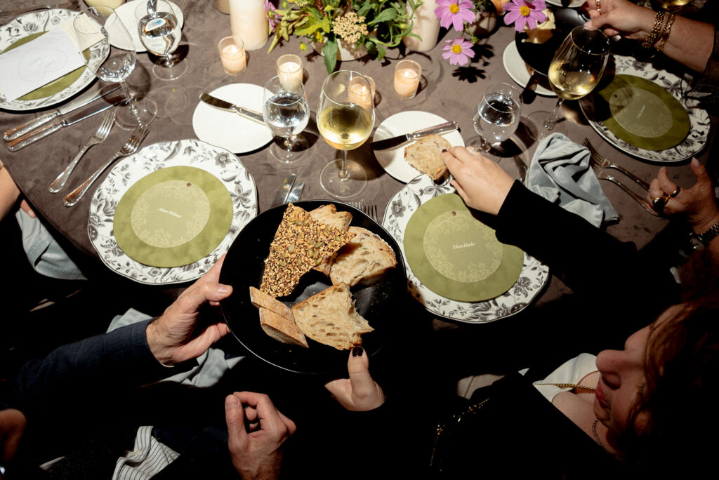 fall woodland orchard wedding table setting with matte black plates